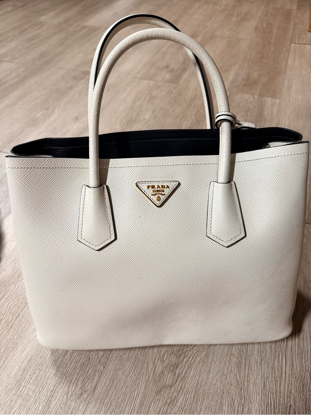 Prada Cream Saffiano Leather Tote with Black Trim